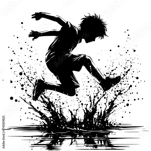 Black and White Vector Silhouette of a Boy Jumping into Puddle