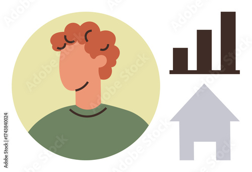 Minimalist portrait of a person with curly red hair, a growth bar chart, and a house icon. Ideal for topics of career success, personal development, home ownership, finance, economy, upward mobility