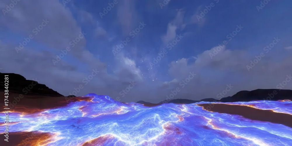 Naklejka premium Glowing neon desert dunes with fractal patterns and electric blue orange veins under twilight sky expressing surreal wonder