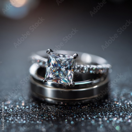 Wallpaper Mural Princess-Cut Diamond Engagement Ring and Wedding Bands on Glittering Dark Surface. AI generative Torontodigital.ca
