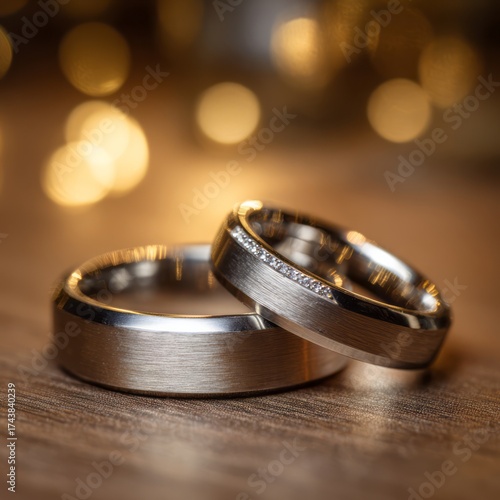 Wallpaper Mural Two Silver Wedding Rings with Diamond Accent on Wooden Table, Warm Bokeh Background. AI generative Torontodigital.ca