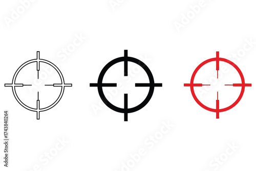 Vector art of collection of target crosshairs in black, red, and outline, vector illustration