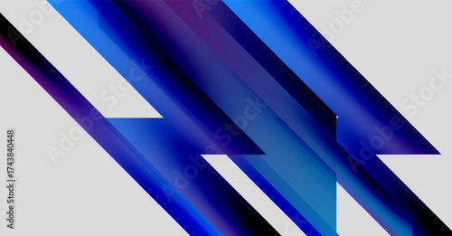 Abstract composition featuring diagonal blue stripes. Gradient shades create depth, contrast against white background. Modern, minimalist design.