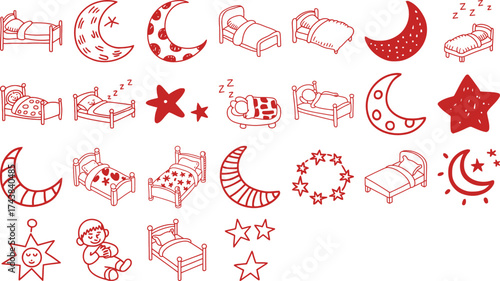 Sweet dreams pattern featuring sleepy child, comfy beds, crescent moons, and shining stars