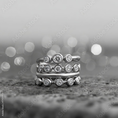 Wallpaper Mural Stacked diamond bezel rings on a textured surface with bokeh highlights. AI generative Torontodigital.ca
