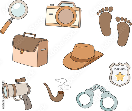 detective doodle vector isolated collection set. Hand drawn of police and detective equipment like handcuff, camera, footprint, badge, for asset, design, material