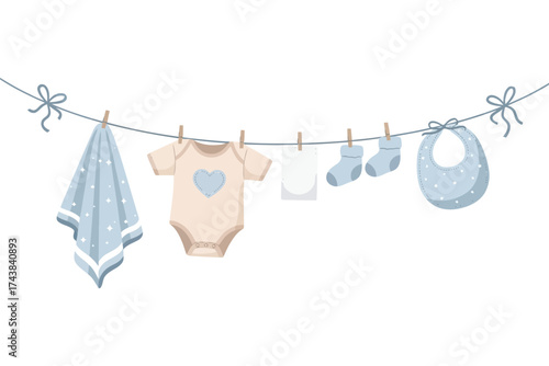 Vector art of baby shower laundry line with blue and beige clothes cute baby bib, socks, and towel
