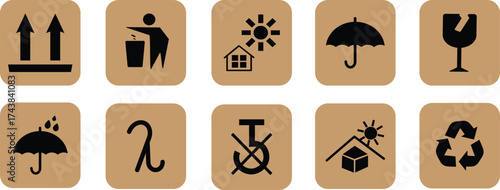 Black fragile shipping or packaging icons symbol, Vector illustration for logistics and shipping sign,including fragile, upward, glass, recycled, keep dry, Common packaging & warning illusions,
