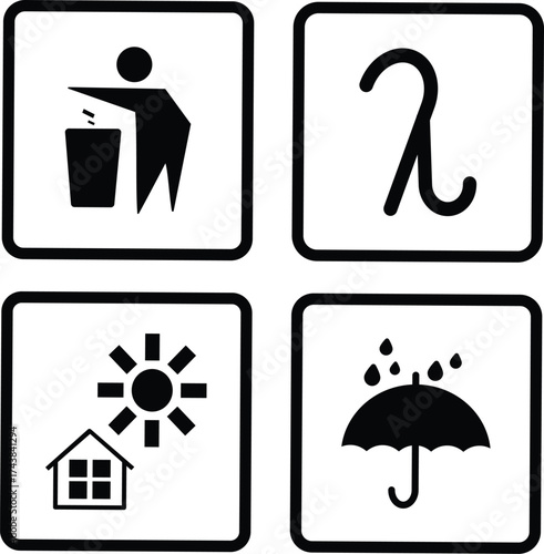 Black fragile shipping or packaging icons symbol, Vector illustration for logistics and shipping sign,including fragile, upward, glass, recycled, keep dry, Common packaging & warning illusions,
