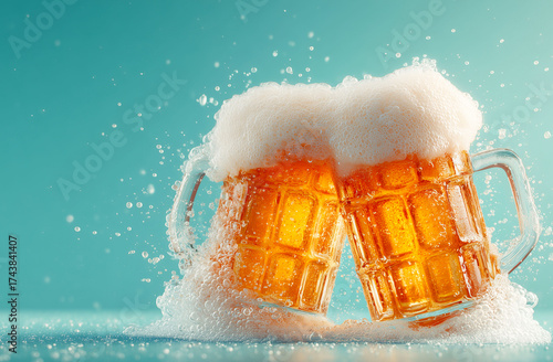 Two glasses of beer with foam and froth on a blue background