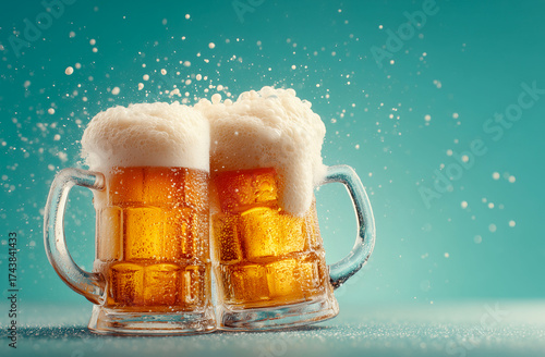 Mug of beer with foam and froth on blue background