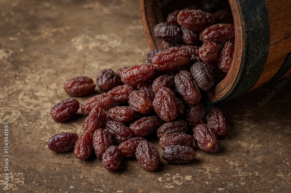Obraz premium Close-up of dried grape clusters beside a rustic wooden cask on a textured surface