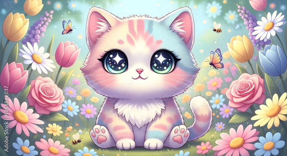 Fototapeta premium Cute pastel kitten in a flower garden with butterflies