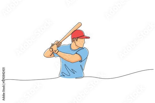 Vector art of continuous one line drawing of young energetic man baseball player ready to hit the ball