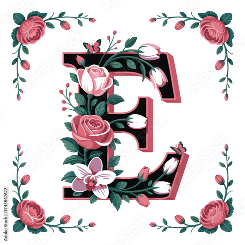 Elegant floral letter e decorated with roses and tulips in a romantic vintage style border