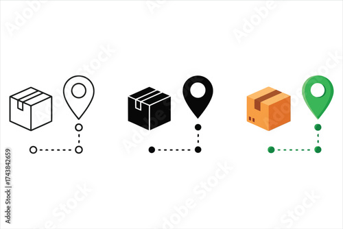 Vector art of delivery route icon set includes line, solid, and color styles for package tracking