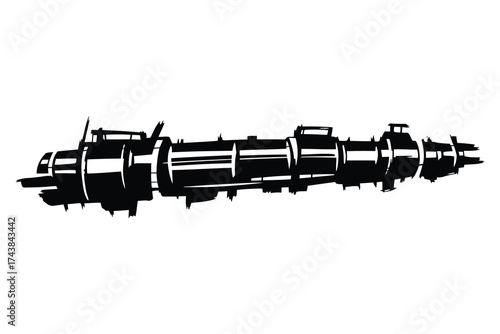 Vector art of detailed black and white illustration of a camshaft, an engine component