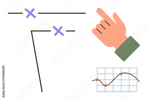 Hand pointing at graphical chart with data points, lines, and intersections. Ideal for data analysis, growth tracking, strategy planning, decision-making, teaching, interface design simple flat