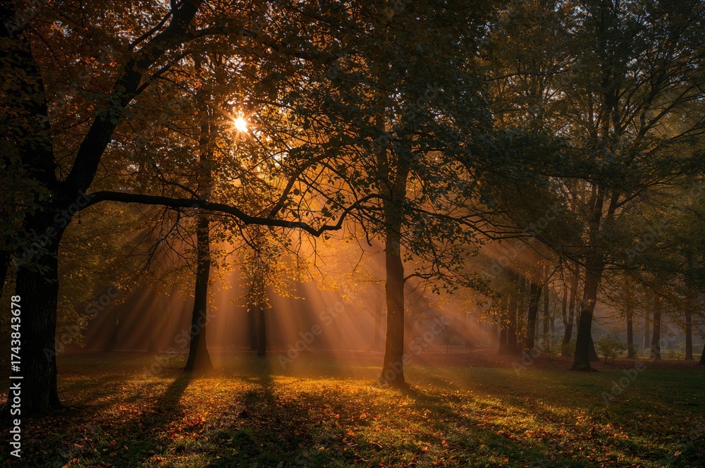 Fototapeta premium Foggy fall woodland illuminated by sunlight