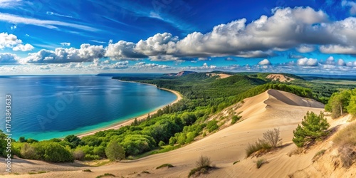 Fototapeta Naklejka Na Ścianę i Meble -  Panoramic view of Sleeping Bear Dunes Overlook on a clear sunny day with lush greenery and towering sand dunes in the foreground , sleeping bear dunes, great lakes region