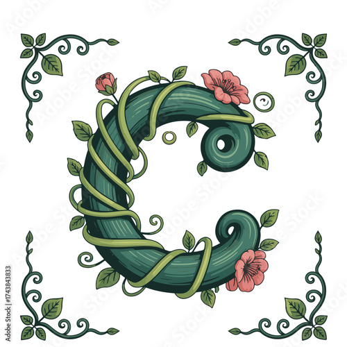 Elegant green letter c adorned with delicate pink roses and twining vines in a whimsical floral border