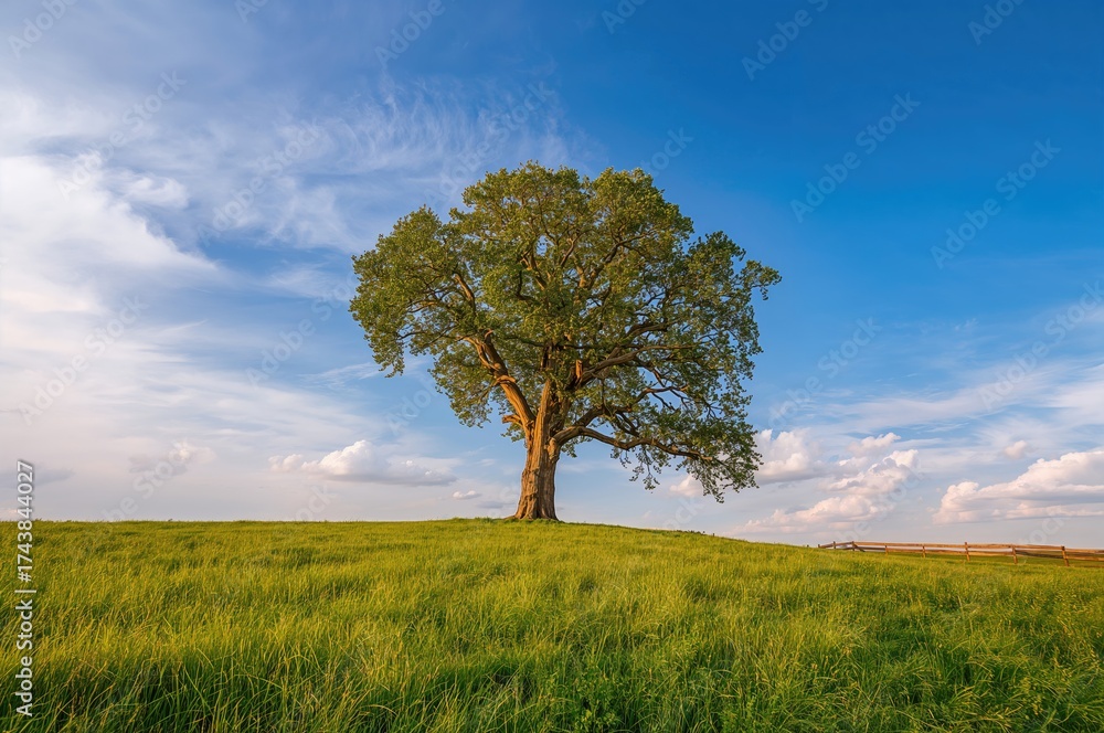 Obraz premium Solitary verdant tree in an open agricultural landscape