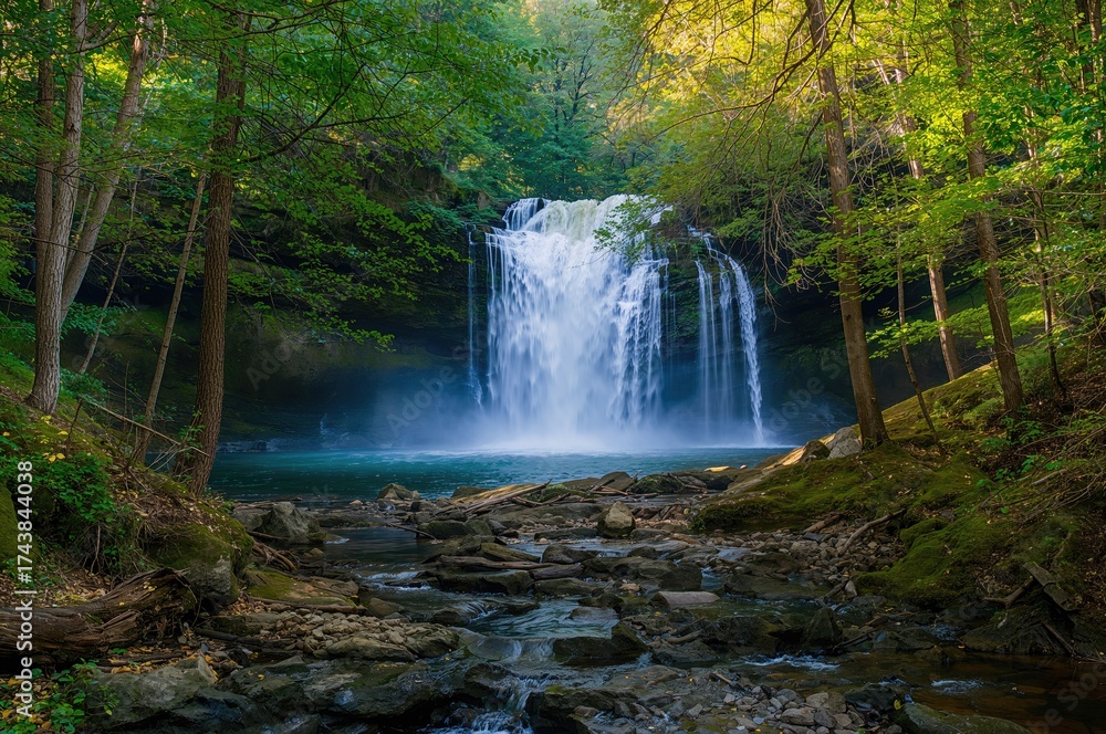 Obraz premium Scenic waterfall surrounded by lush greenery in a natural park
