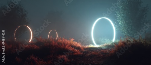 Wallpaper Mural Glowing neon portals in misty forest meadow at night. AI generative Torontodigital.ca