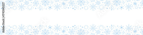 Vector background, frame, border from snowflakes in doodle style. Horizontal top and bottom edging, decoration of winter design, Snowfall, Christmas, new year