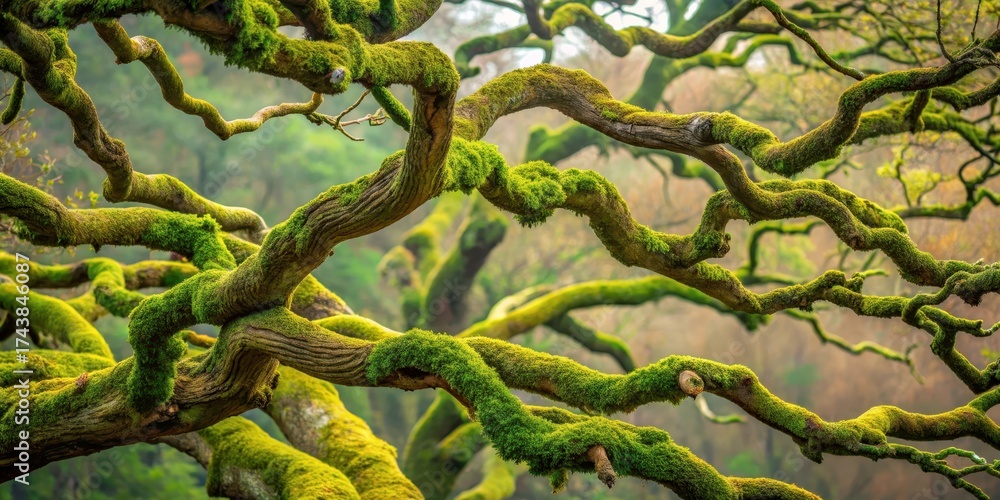 Naklejka premium Twisted Oak Branches in Moss , design, forest, design, forest, texture