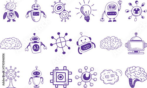 Hand drawn robots and brains for AI technology concepts and creative design projects
