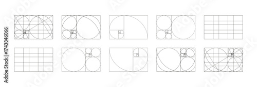 Golden ratio samples. Fibonacci array, numbers forms. Harmony proportions black frames big set. Method golden section flat icons. Golden Spiral patterns. Outline graphic thin printable illustrations.