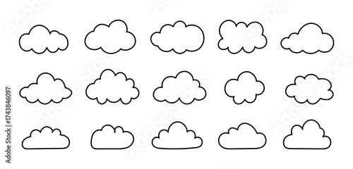 Outline clouds. Puffy, cumulus flat clouds. Doodle fluffy clouds set. Cloudy forms samples in black contour. Weather element simple templates. Hand drawn thin cute icons. Objects cloudscape mockups.
