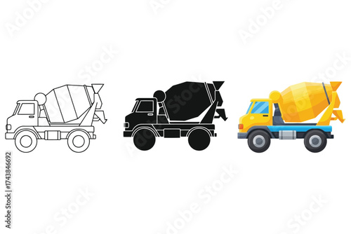 Vector art of three concrete mixer truck icons in different styles, construction vehicle