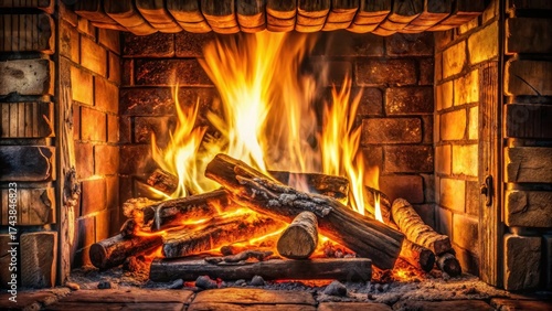 Crackling flames in a fireplace with burnt logs and embers scattered around, chimney, fire place,  chimney, fire place