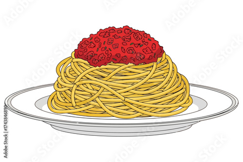 Illustration of a plate of spaghetti with tomato sauce, a classic italian dish