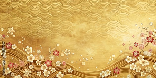 Intricate, hand-drawn design featuring traditional Japanese motifs such as cherry blossoms and waves on a warm gold background with subtle texture , japanese pattern, wave pattern