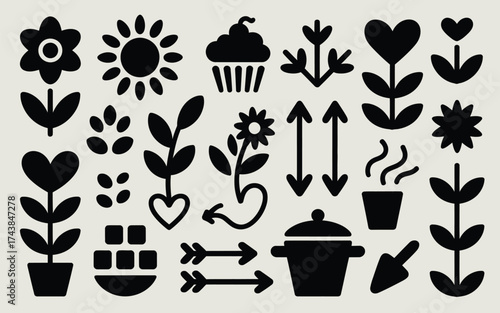 Collection of simple black vector illustrations of flowers plants and garden elements for scalable design silhouette vector illustration white background
