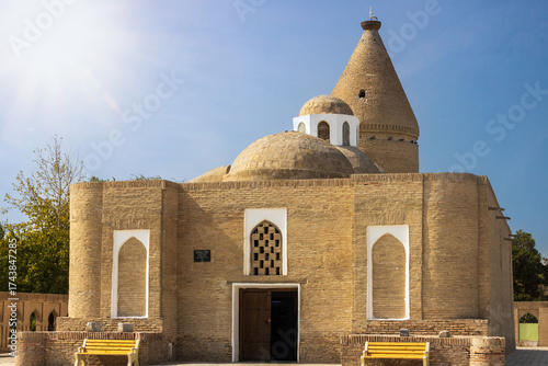 General view of the Chashma-Ayub Mausoleum in Bukhara, Uzbekistan. Translation: memorial monument, Chashma-Ayub mausoleum, 12th-16th centuries, under state protection