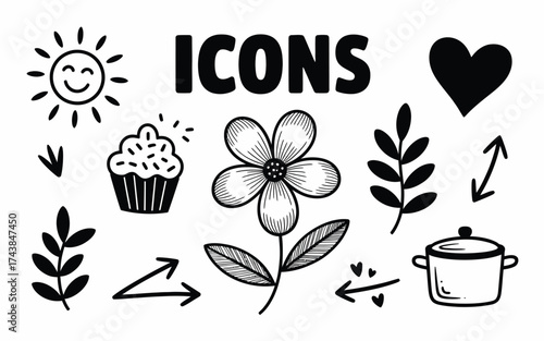 Collection of hand-drawn stylized vector icons featuring sun flower cupcake heart and pot for design silhouette vector illustration white background
