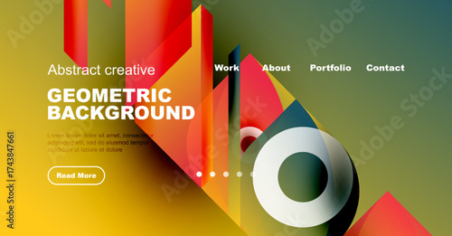 Bright geometric design. Vivid colors, shapes create modern website header. Text promotes portfolio, contact options visible.