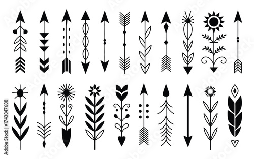 Collection of unique boho arrow illustrations vector graphic elements for decorative design projects silhouette vector illustration white background