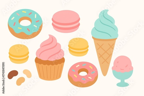 Pastel Desserts Collection Featuring Donuts Cupcakes Macarons and Ice Cream Cone Illustration