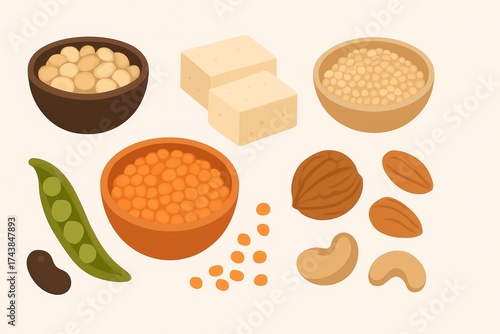 Assorted Legumes, Nuts, Butter Cubes, and Grains in Bowls — Food Ingredients Set