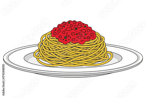 Illustration of a plate of spaghetti with tomato sauce, a classic italian dish