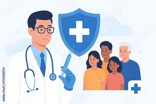 Medical Doctor With Shield Symbol Protecting Family And Health: A Concept Of Safety And Care