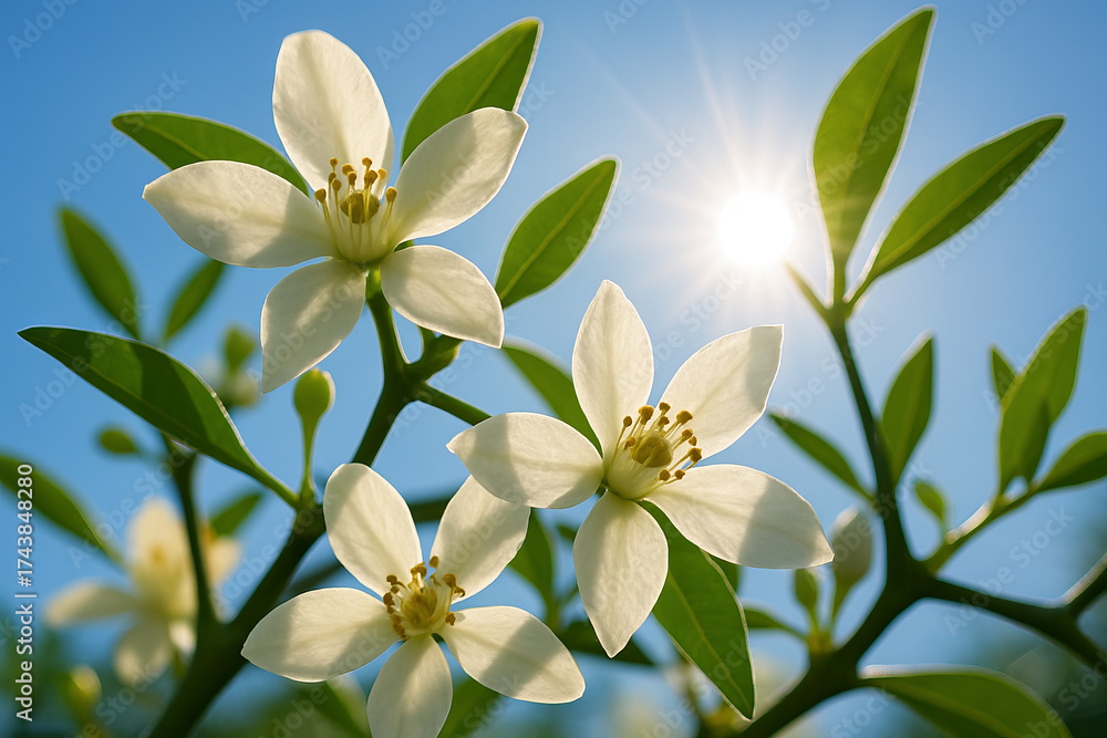 Obraz premium Trifoliate orange blossoms in sunlit blue sky with simple composition. concept of natural beauty, floral serenity, bright nature photography.