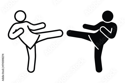 Vector art of stick figure kicking in black and white, representing martial arts or exercise