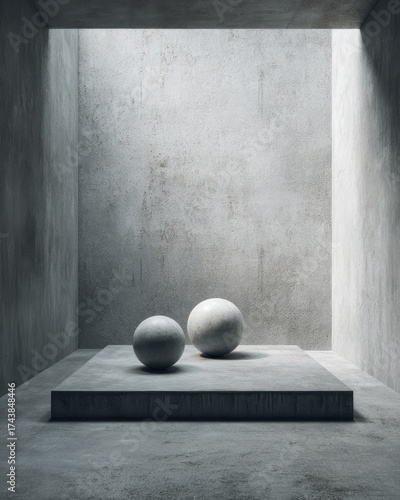 Wallpaper Mural Minimal Concrete Room with Two Stone Spheres on Pedestal, Dramatic Light. AI generative Torontodigital.ca