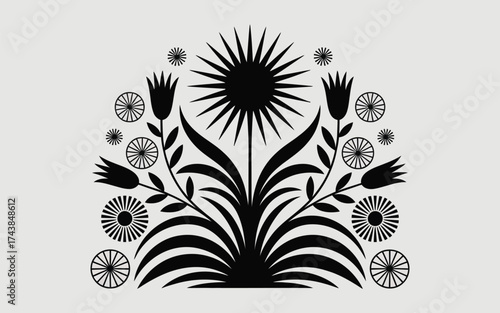 Decorative floral sunburst vector graphic design scalable eps illustration for art and design projects silhouette vector illustration white background